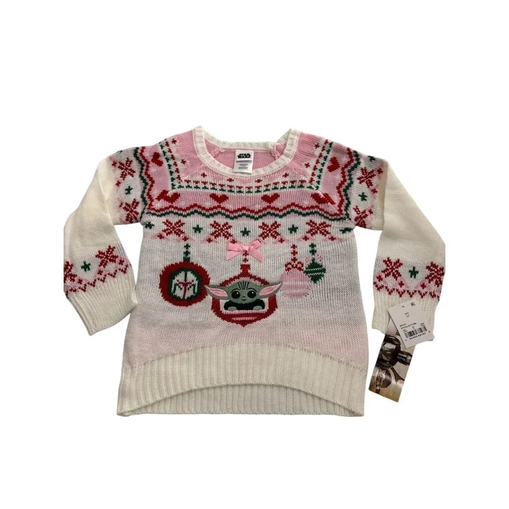 Star Wars Baby Yoda Girls Holiday Sweater Pink & White Size 3T Acrylic Blend NWT